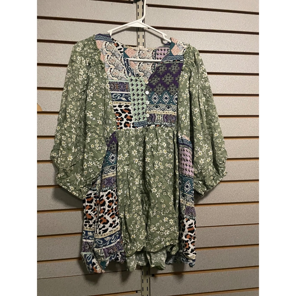 Easel Patchwork Boho Floral Leopard Print Mini Dress Flowy Shirt L Grannycore